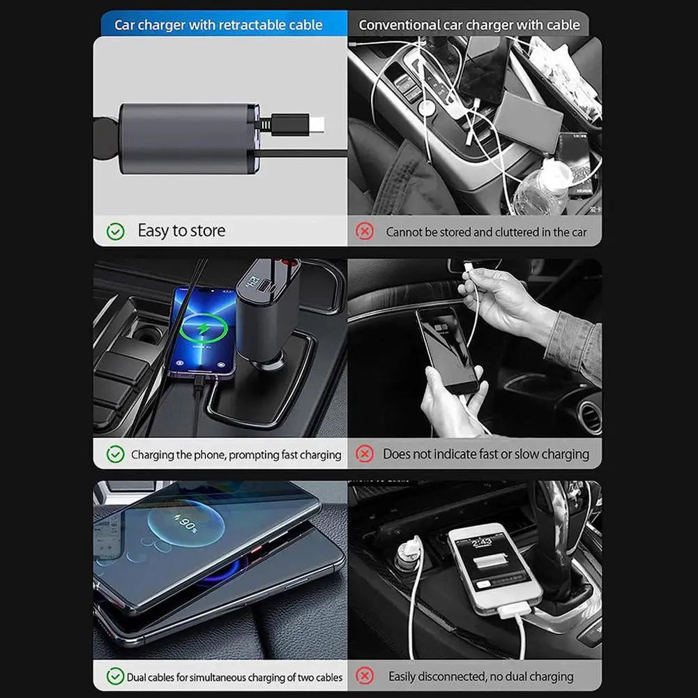 120W 4-in-1 Foldable Car Charger with USB Type-C Cable for iPhone, Huawei, Samsung - Fast Car Adapter Cord