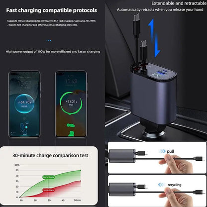 120W 4-in-1 Foldable Car Charger with USB Type-C Cable for iPhone, Huawei, Samsung - Fast Car Adapter Cord