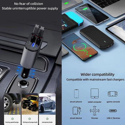 120W 4-in-1 Foldable Car Charger with USB Type-C Cable for iPhone, Huawei, Samsung - Fast Car Adapter Cord