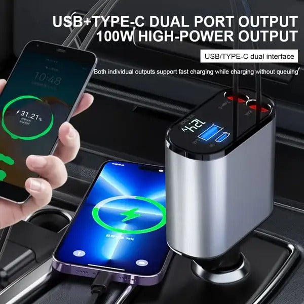 120W 4-in-1 Foldable Car Charger with USB Type-C Cable for iPhone, Huawei, Samsung - Fast Car Adapter Cord