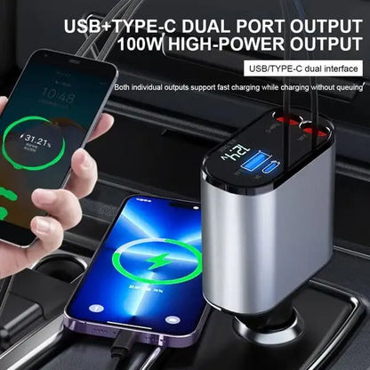 120W 4-in-1 Foldable Car Charger with USB Type-C Cable for iPhone, Huawei, Samsung - Fast Car Adapter Cord