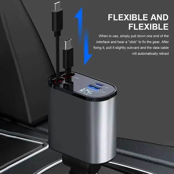 120W 4-in-1 Foldable Car Charger with USB Type-C Cable for iPhone, Huawei, Samsung - Fast Car Adapter Cord